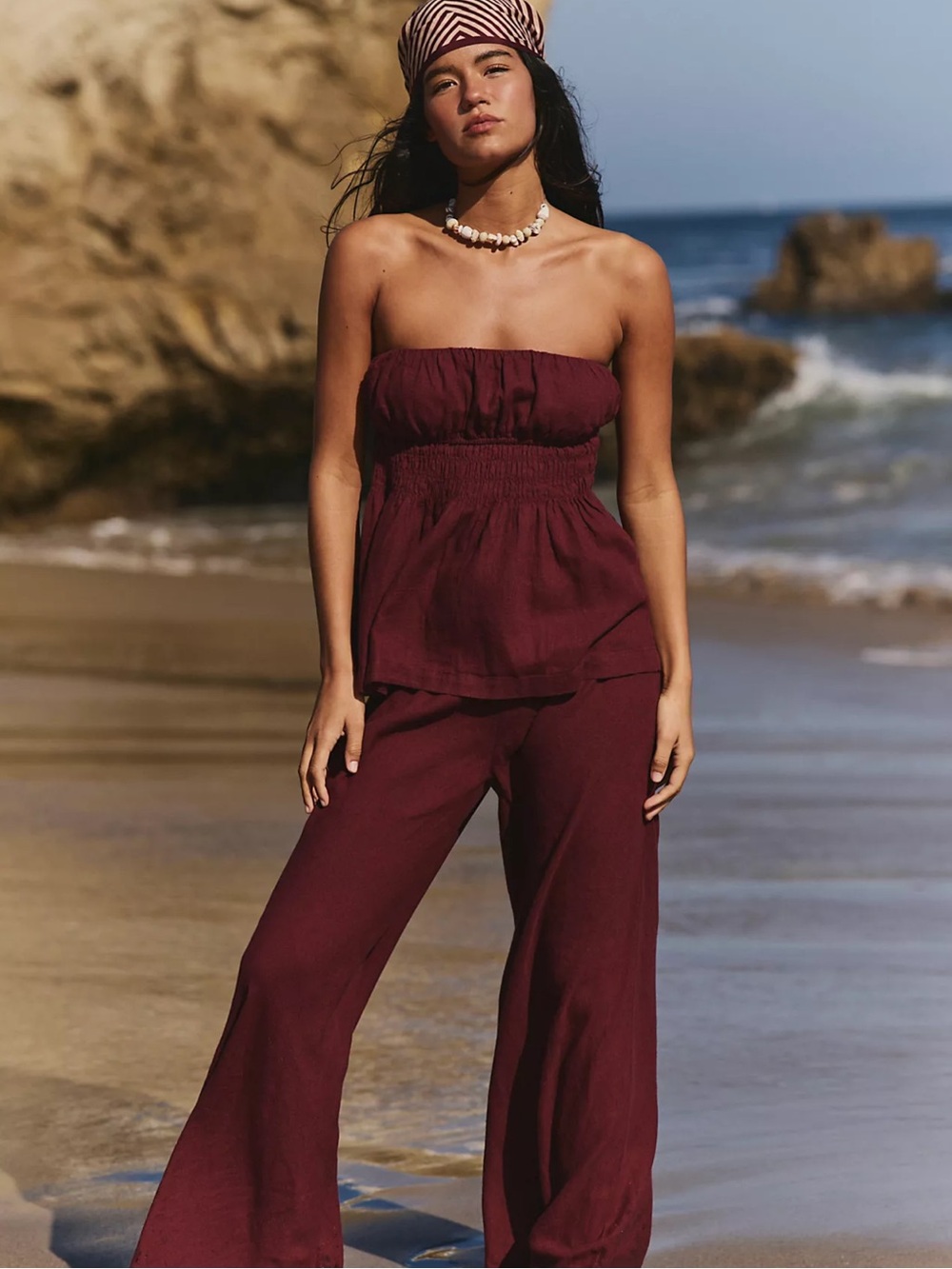 Free People Strapless Wide-Leg Set in Deep Burgundy